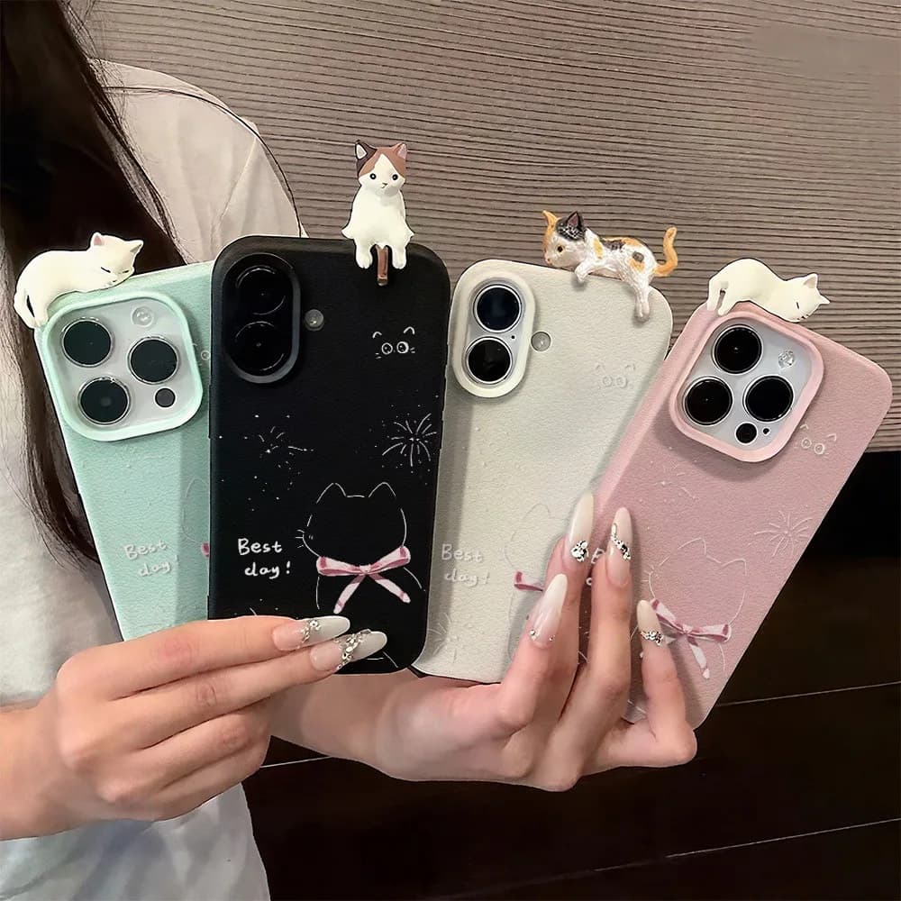 Cute 3D Bow Cat Lychee Pattern Phone Case For iPhone 17 16 15 14 13 12 11 Pro Max X XS XR Air 16 Plus 13 Silicone Soft TPU Cover