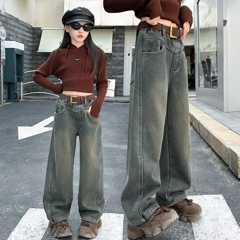 2025 Nuovi jeans da ragazza Pantaloni dritti in denim a gamba larga per bambini grandi Pantaloni in cotone morbido Pantaloni casual larghi alla moda per l'autunno