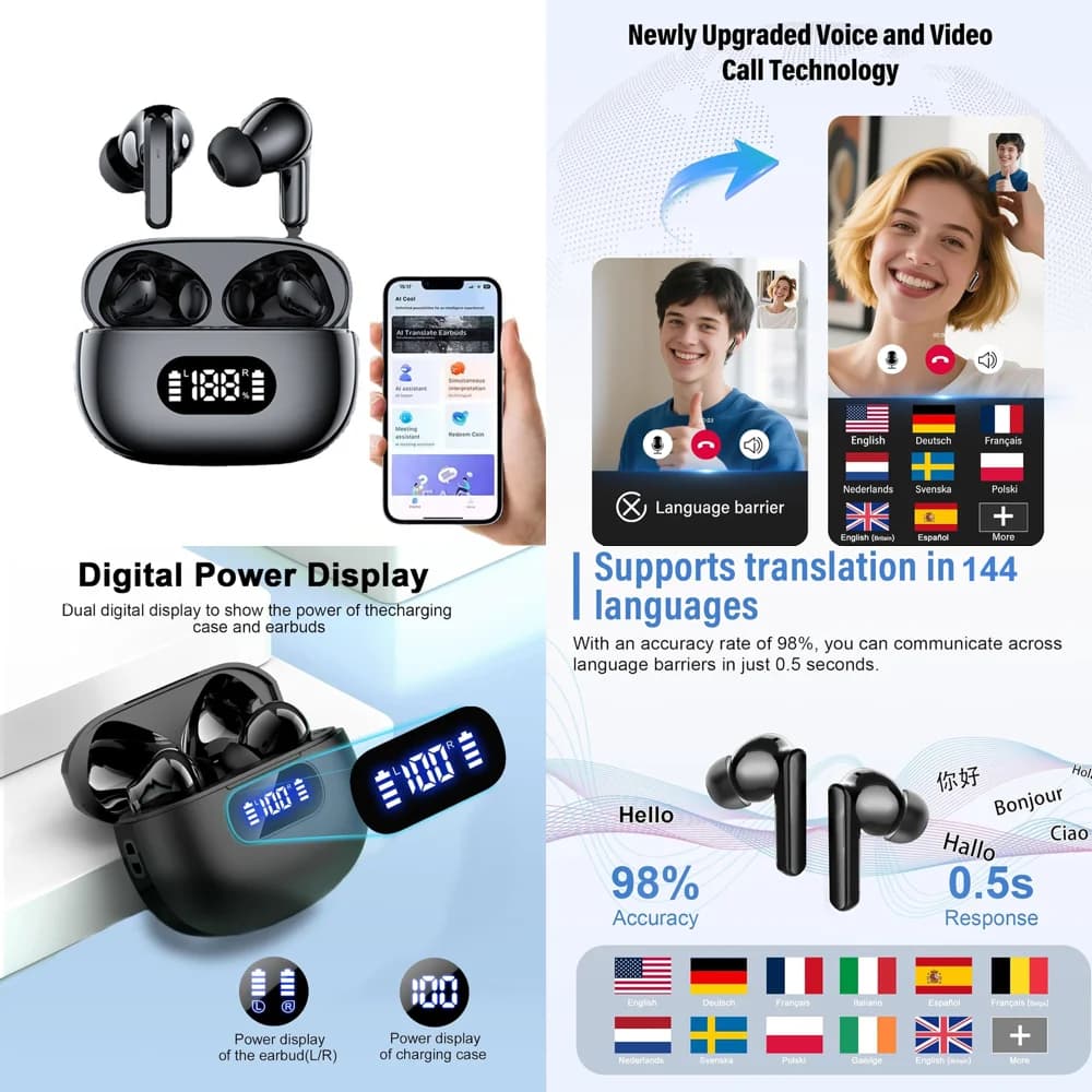 Hot-selling AI Language Translation Headphones Wireless Bt 5.4 Real Time Earbuds with 144 Online Languages Earphone for Travel