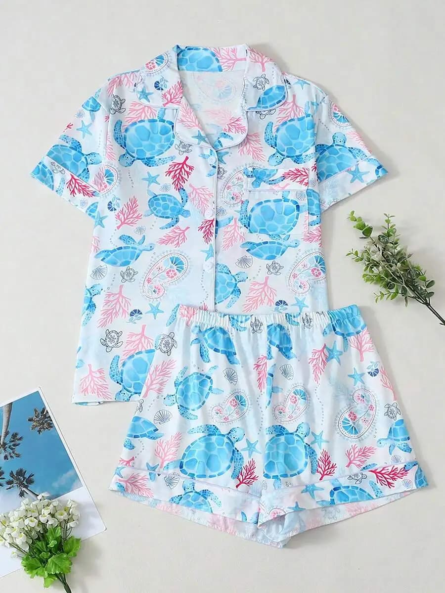 Set pigiama da donna con stampa tartaruga marina, 2 pezzi, camicia a maniche corte con bottoni e pantaloncini