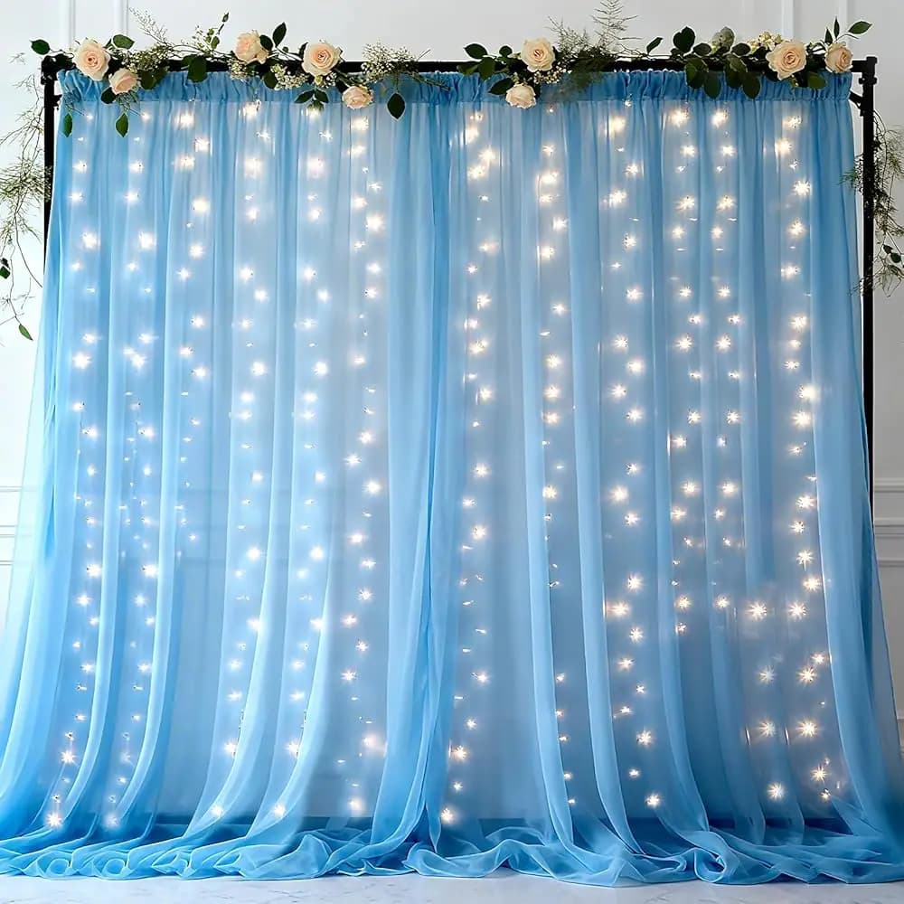 Spedizione Gratuita Tenda in Tulle Blu 10×10ft con Luci a Stringa - 300 LED Luci Fatate Tenda Trasparente per Matrimoni B