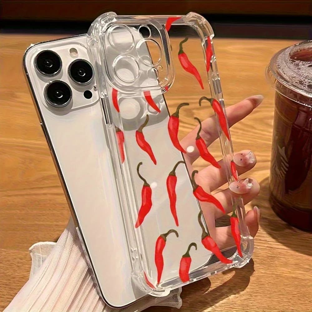 Cute chili pattern phone case, compatible with iPhone 16, 15, 14, 13, 12, 11 transparent soft back anti-drop protection