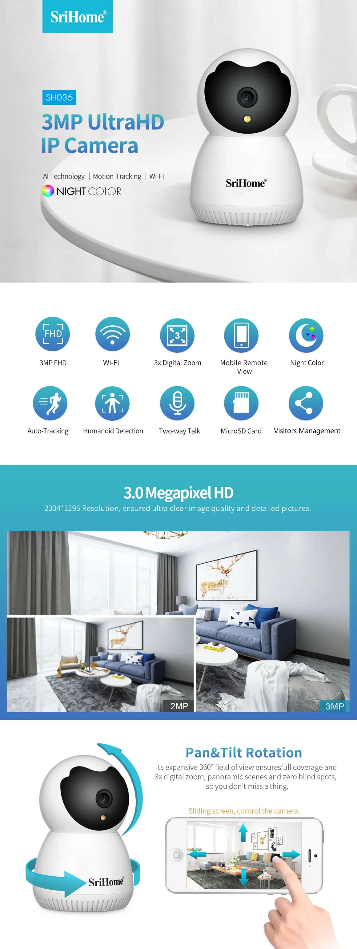 Srihome SH036 Utra HD 3.0MP Telecamera IP 4X Zoom digitale Sicurezza CCTV Telecamera Wifi 1296P Smart Home 360 ° Visualizza il baby monitor wireless