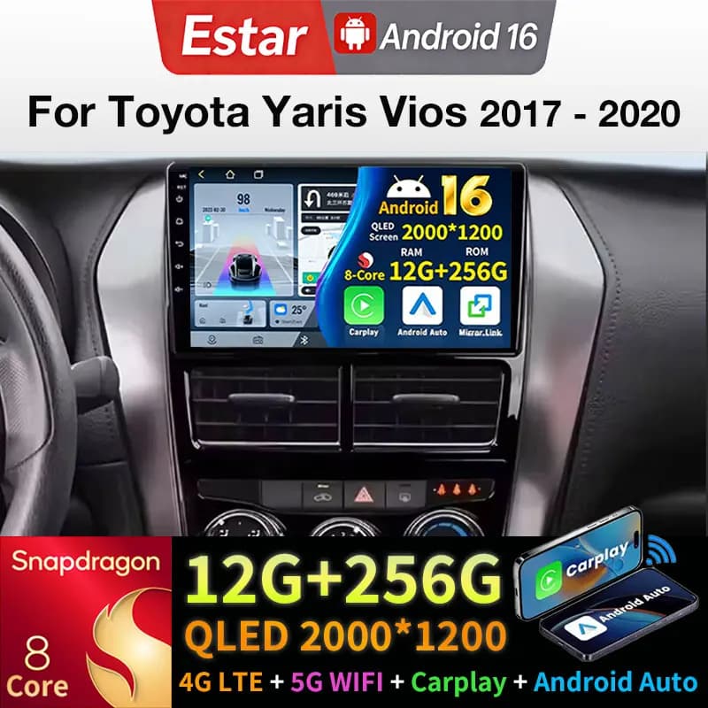 Android 16 Carplay per Toyota Yaris Vios 2017 - 2020, Navigazione Multimediale WiFi 4G LTE, Telecamera 360, Radio Auto RDS, Bluetooth Wireless