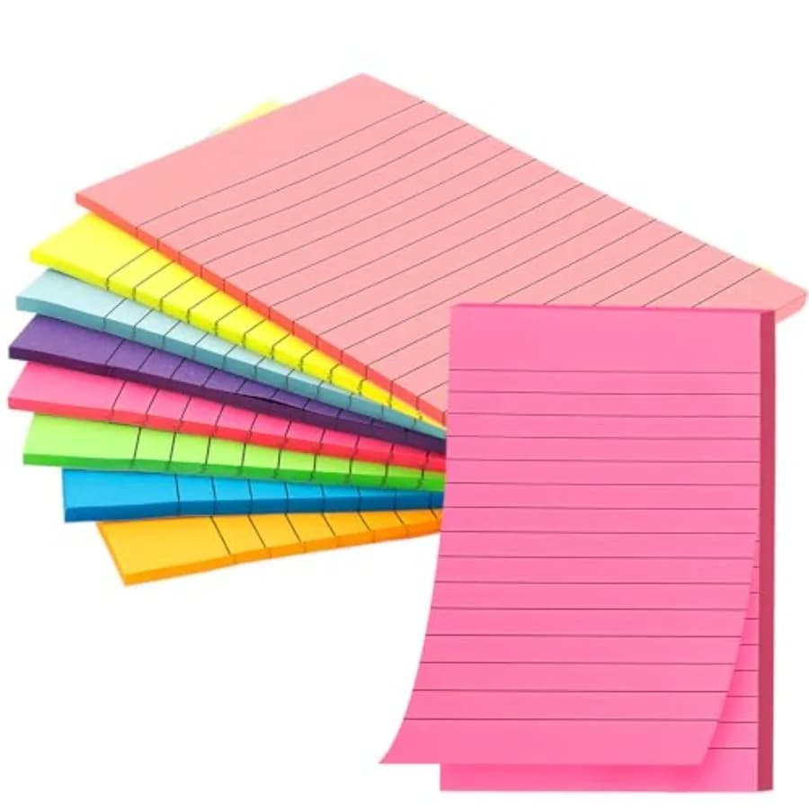 Lined Sticky Notes, Sticky Notes with Lines 8 Pads Large Colors Long Self-Stick Lined Stickies College Ruled Note Pads 4x6 Teac