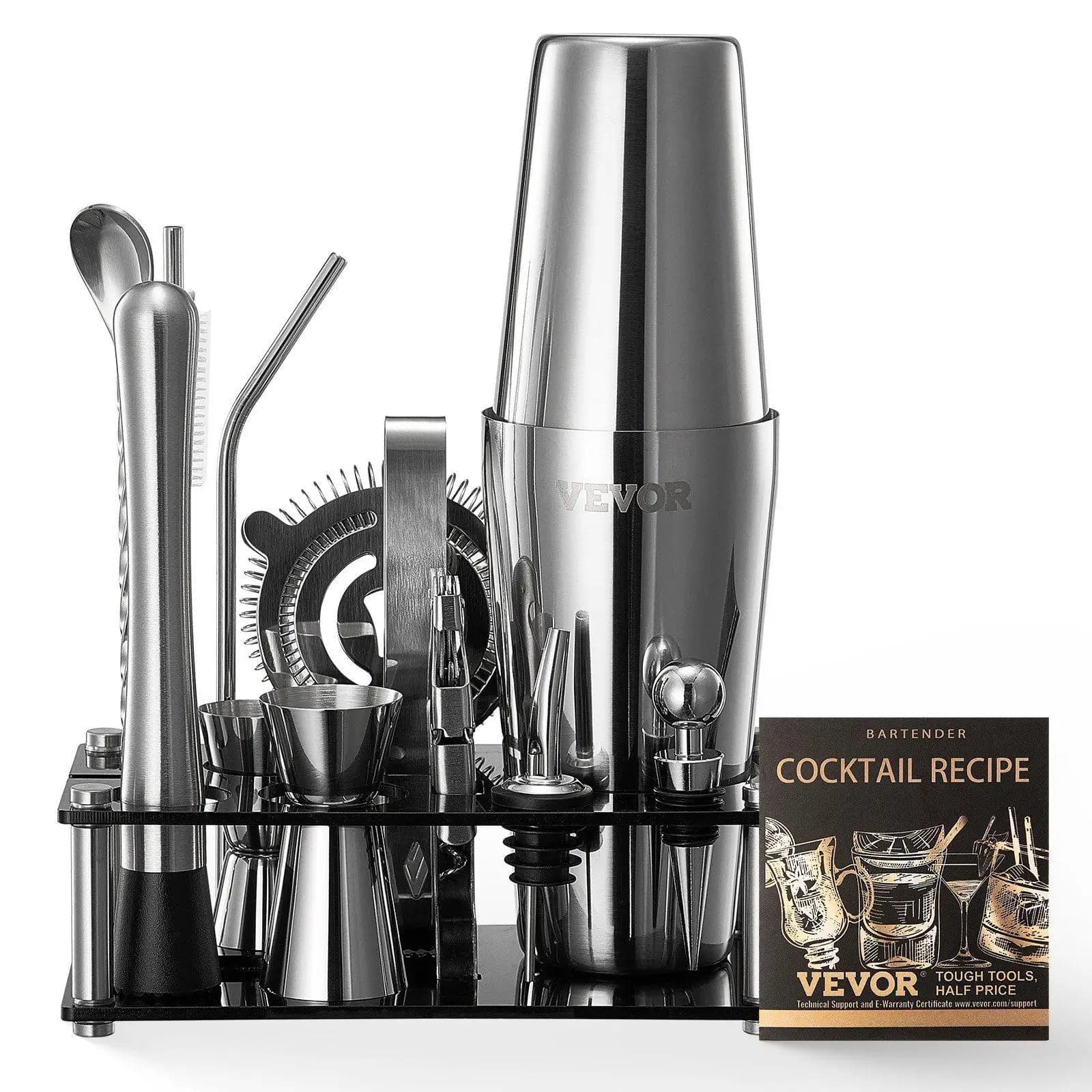 Kit da barista in acciaio inossidabile da 14 pezzi con shaker Boston e supporto in acrilico argento