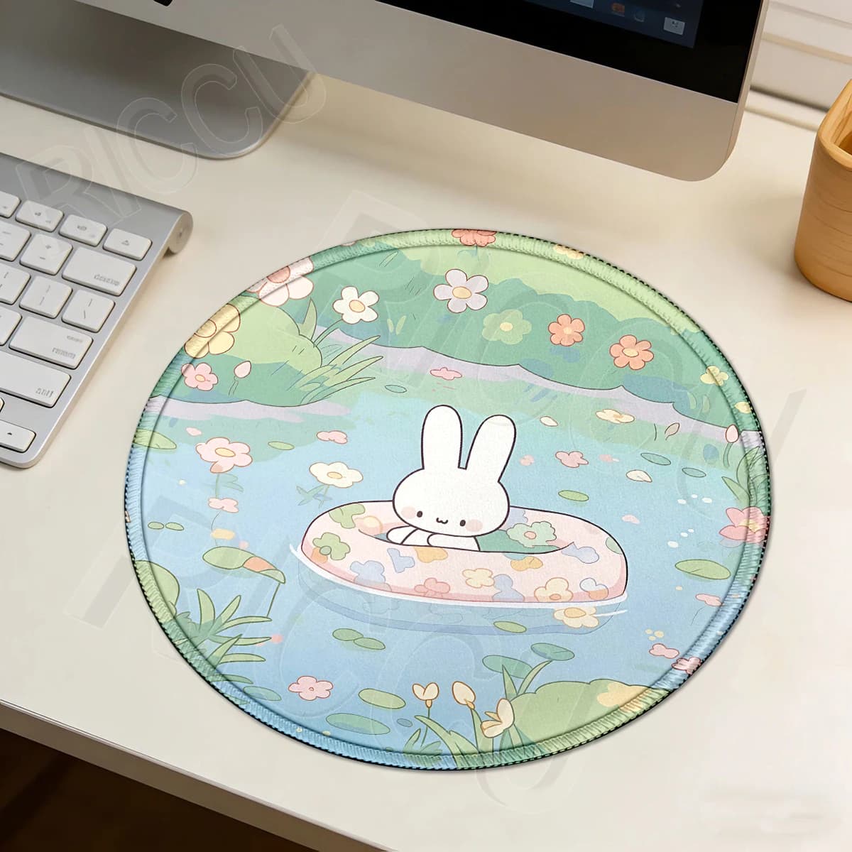 Kawaii White Rabbit Round Mouse Pad Green Plants Gamer PC Locking Edge Mousepad Keyboard Accessories Office Pc HD Small Desk Mat