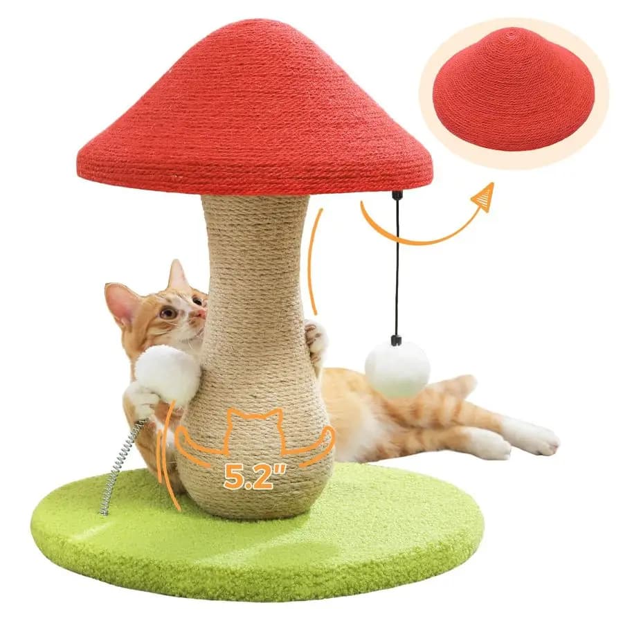 Tiragraffi per Gatti a Forma di Fungo, Tiragraffi Carino con 100 Pali in Sisal e Giocattolo con Pompon, Tiragraffi a Fungo per Gatti