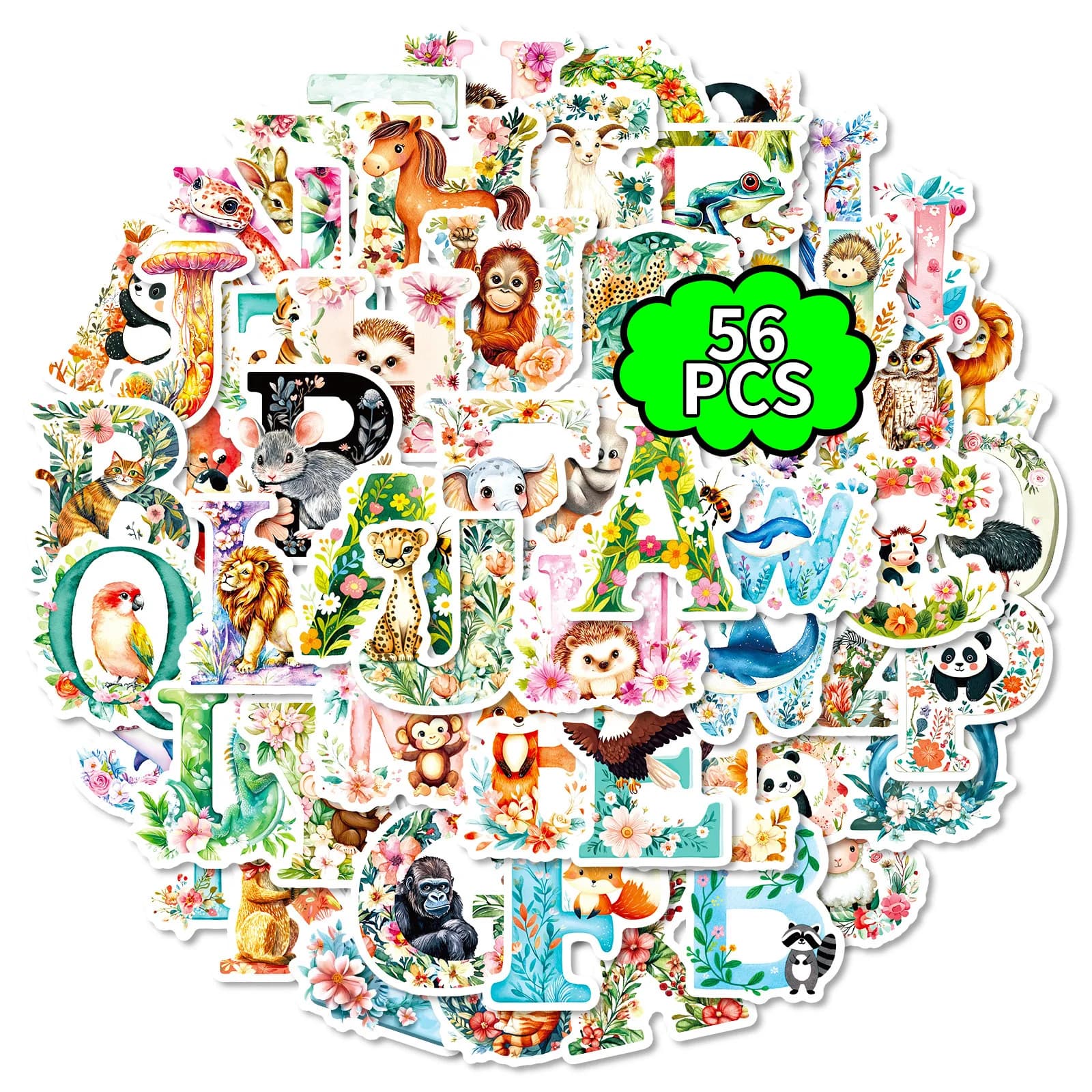 56PCS Cute Animal Flower Letter Stickers Watercolor Style Creative English Letter Decorative Stickers