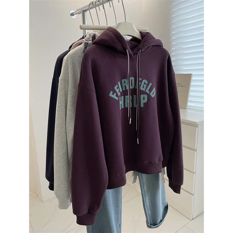 Women's Fleece-Lined Hoodie Sweatshirt Thickened Casual Letter Print Slimming Small Size Autumn Winter Street Style Streetwear