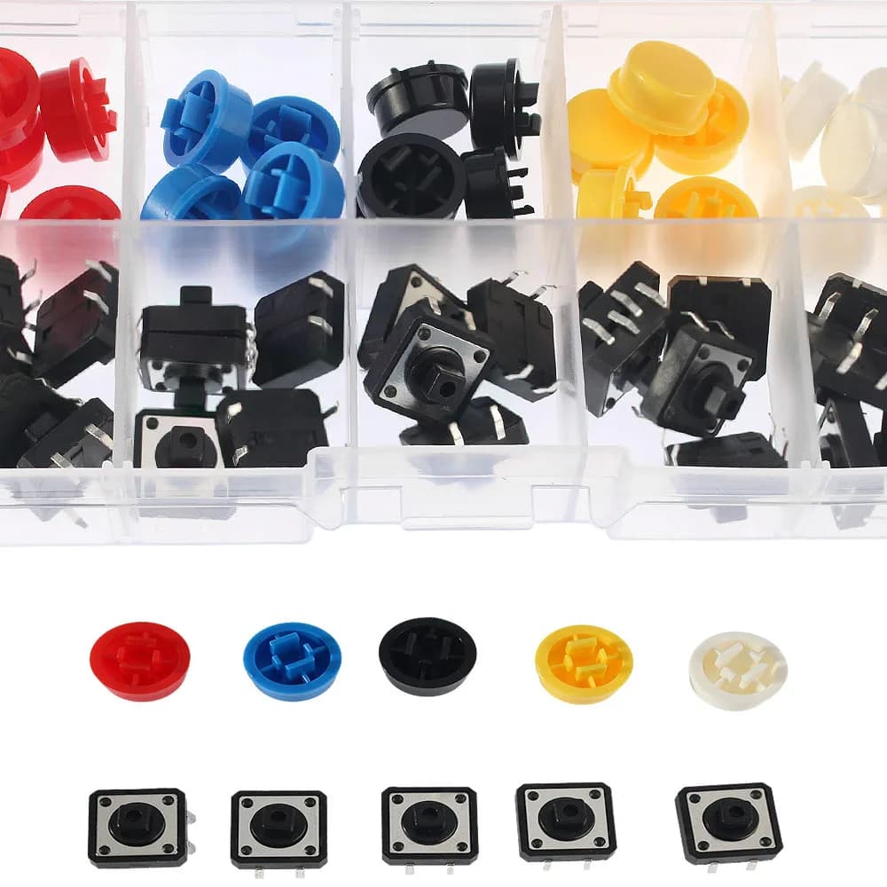 Kit of 25 Switches 12x12x7.3MM Button Tactiles Momentanei + 25 Tactile Covers (5 Colors) for Arduino Raspberry Pi