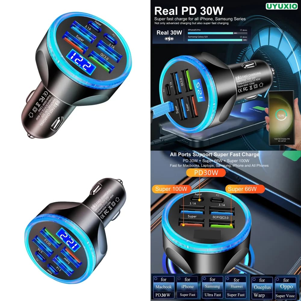 Caricabatterie da Auto USB 6 in 1 con PD 30W, Tipo C, Voltmetro e Display di Tensione, Ricarica Rapida Multi-Porta