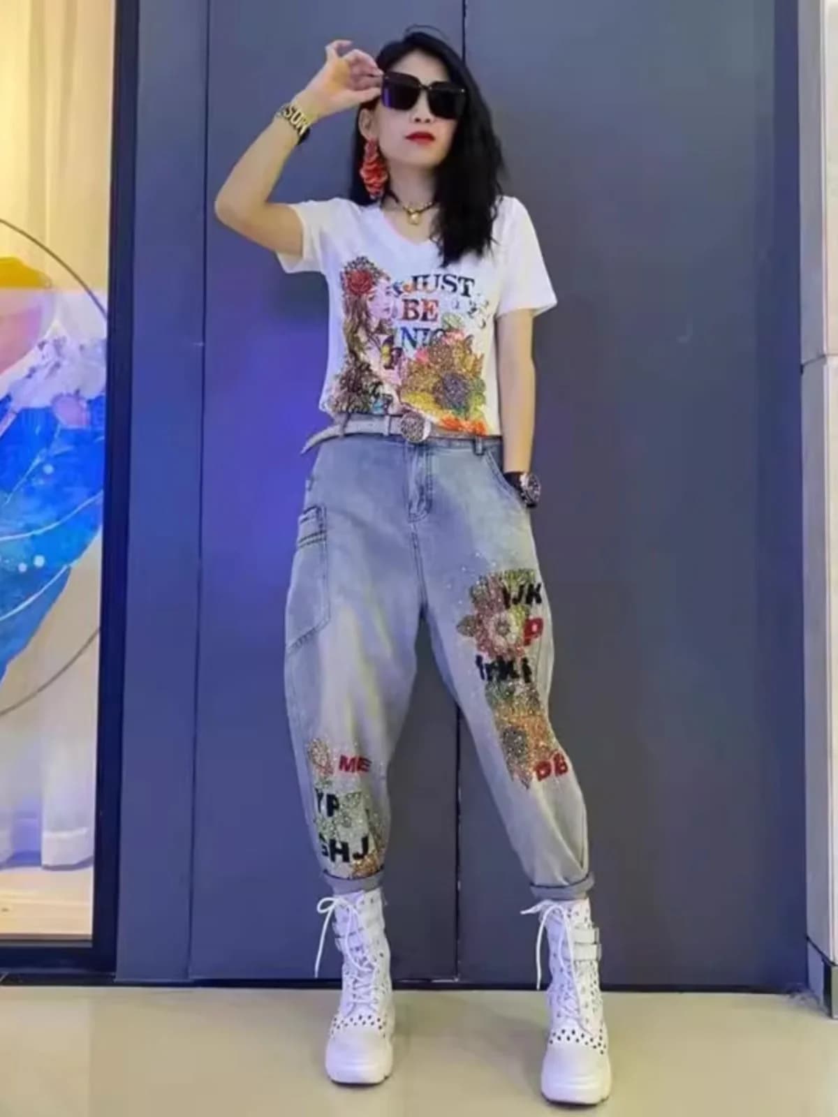 Jeans Harlan Slim Fit Spring 2026 Women's High Waist With Embroideries Strass and Motive Phoenix Cotton Elasticized Casual