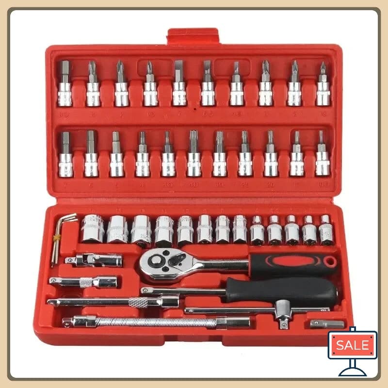 Set di Attrezzi per Riparazione Auto da 46 Pezzi, Set di Chiavi a Bussola da 1/4 di Pollice, Chiave Dinamometrica a Cricchetto, Strumenti per Manutenzione Auto