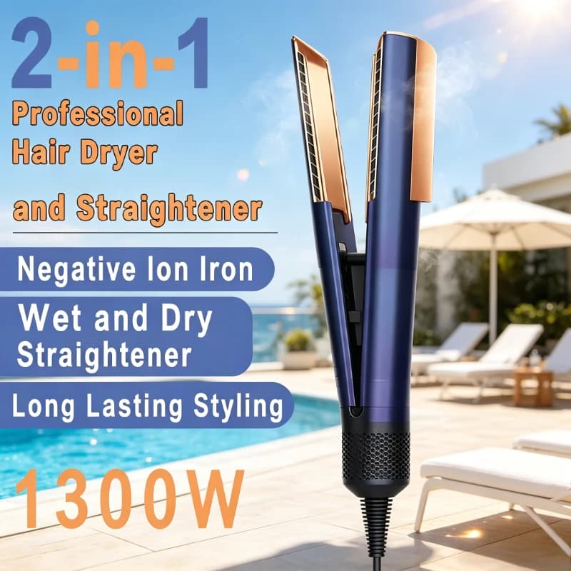 2‑in‑1 Negative Ion Hair Dryer & Straightener Wet and Dry Use Long‑Lasting Hair Styling Iron