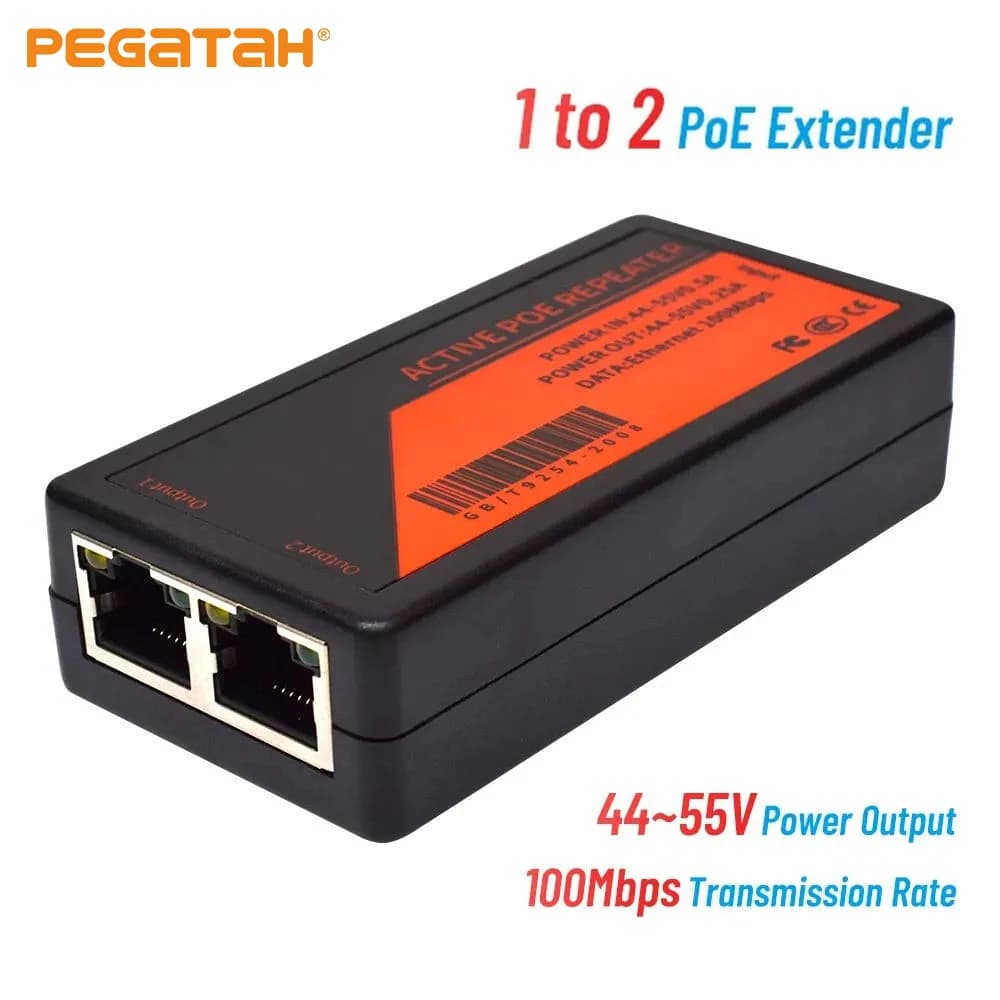 PEGATAH Extender PoE da 1 a 2 Porte 100Mbps, Estensore PoE per Porte IP, Estensione Massima 100m, per NVR, Telecamere IP, AP IP