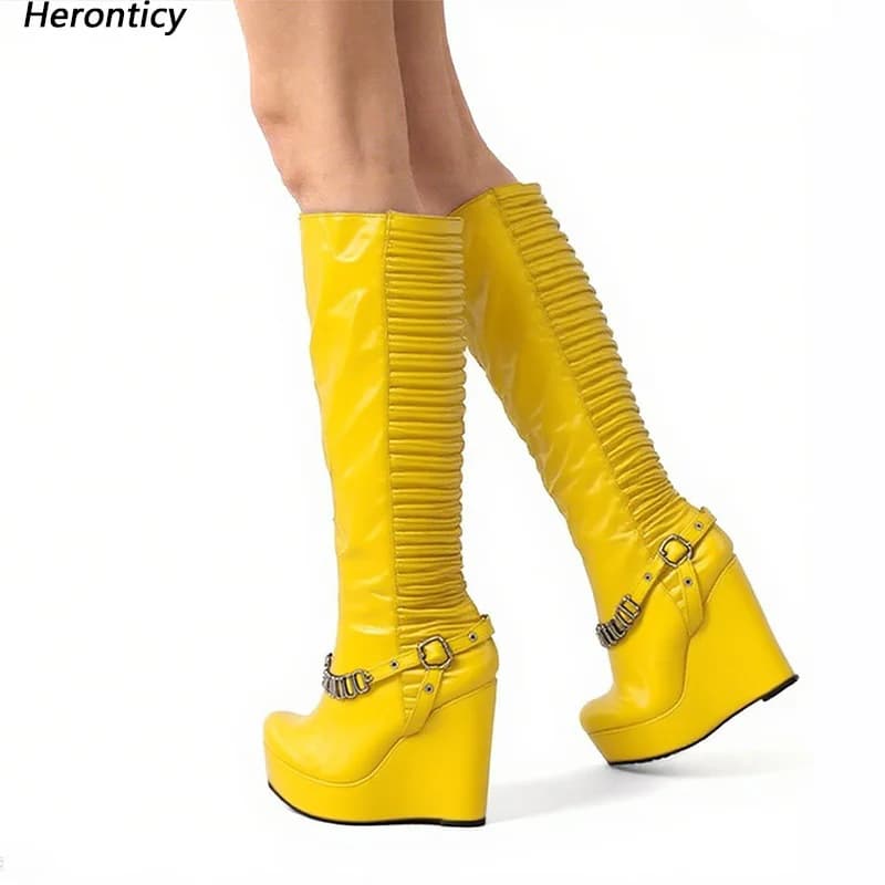 Heronticy Stivali invernali da donna fatti a mano con zeppa Tacchi con punta tonda Scarpe da festa gialle graziose da donna US Plus Size 35-52