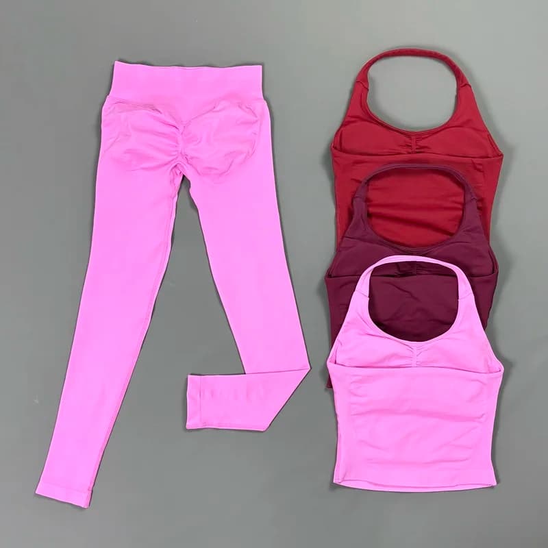 2Pcs HISTELLO Seamless Workout Set Backless Halter Tank Top Butt Lifting Scrunch Leggings Breathable Fitness Run Gym Sportswear