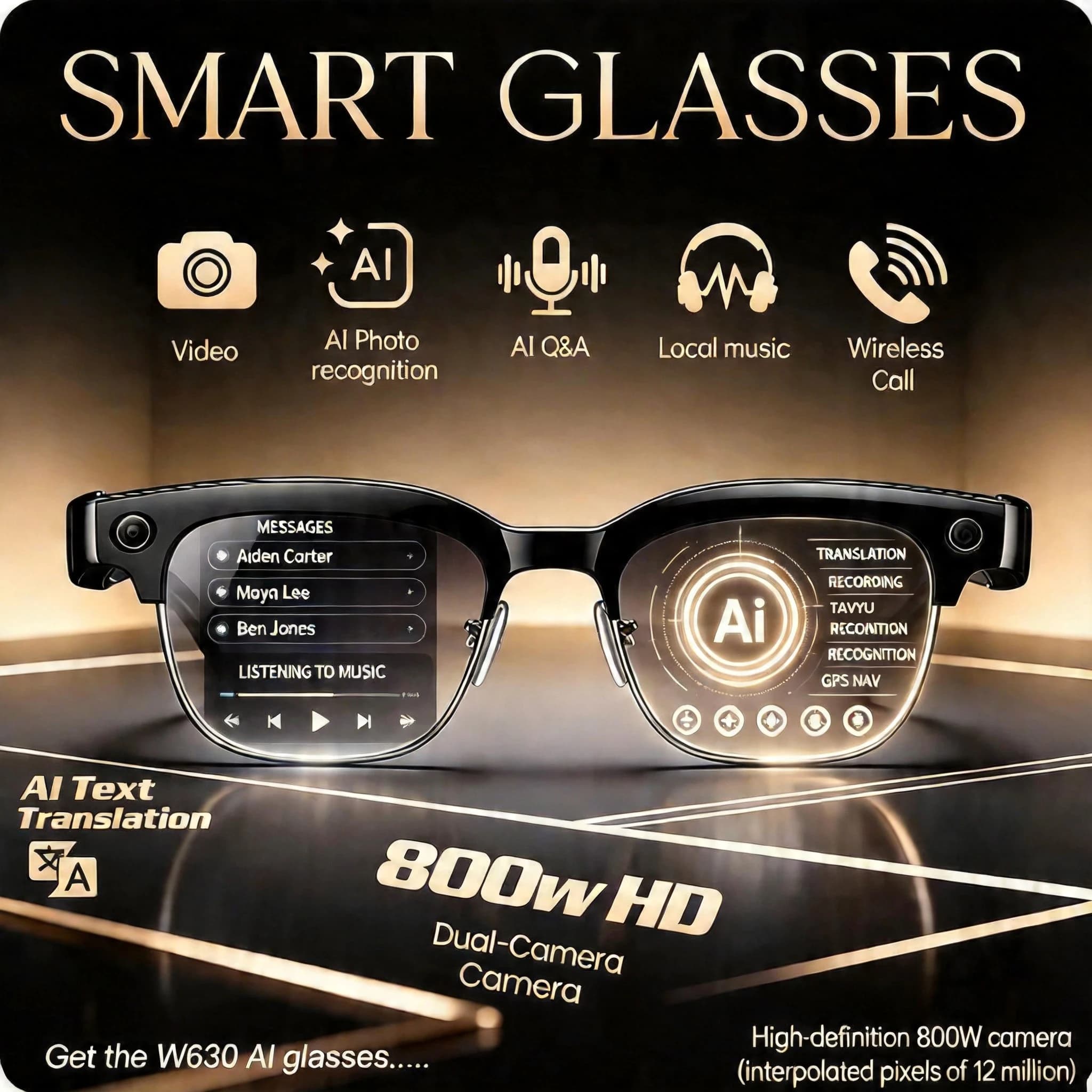 Occhiali Smart AI con Traduzione, Fotocamera HD 800W, Riprese 4K, Chiamate Bluetooth, Chat GTP, Registrazione, Musica - Occhiali da Sole Intelligenti 2026 da Uomo