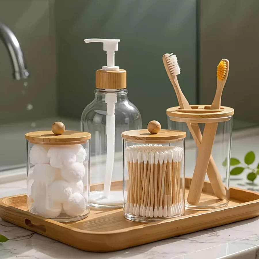 Set di accessori da bagno Boho Set completo di accessori per contenitori da bagno da 4 pezzi, dispenser di sapone da bagno trasparente e portaspazzolino