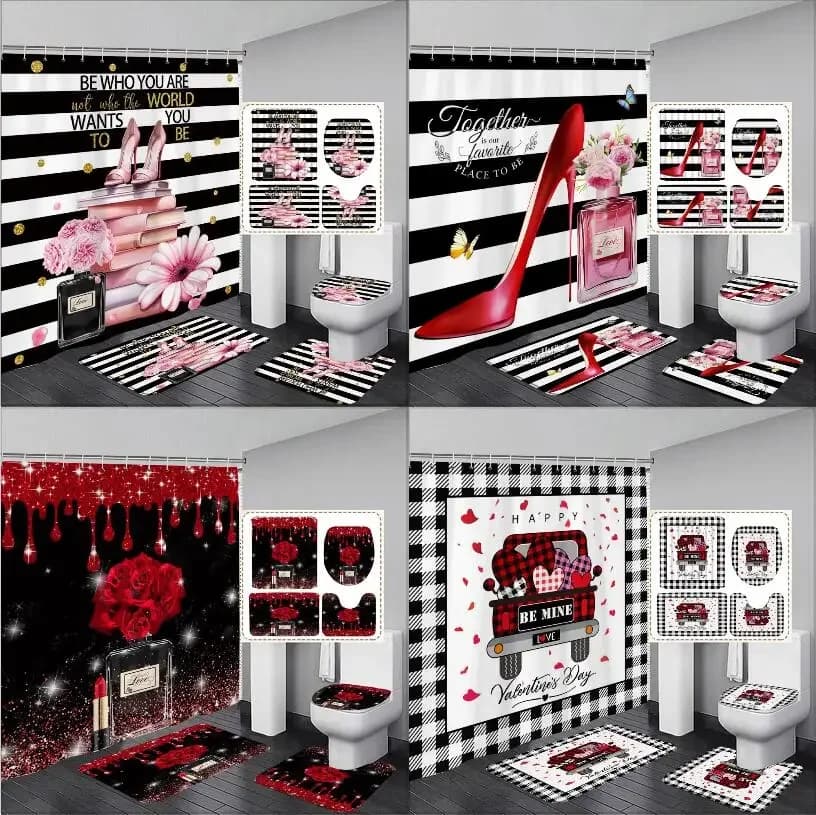 Tenda da doccia per San Valentino, bottiglia di profumo per rossetto con tacco alto rosa, tappetino da bagno romantico a strisce bianche e nere, arredamento per il bagno