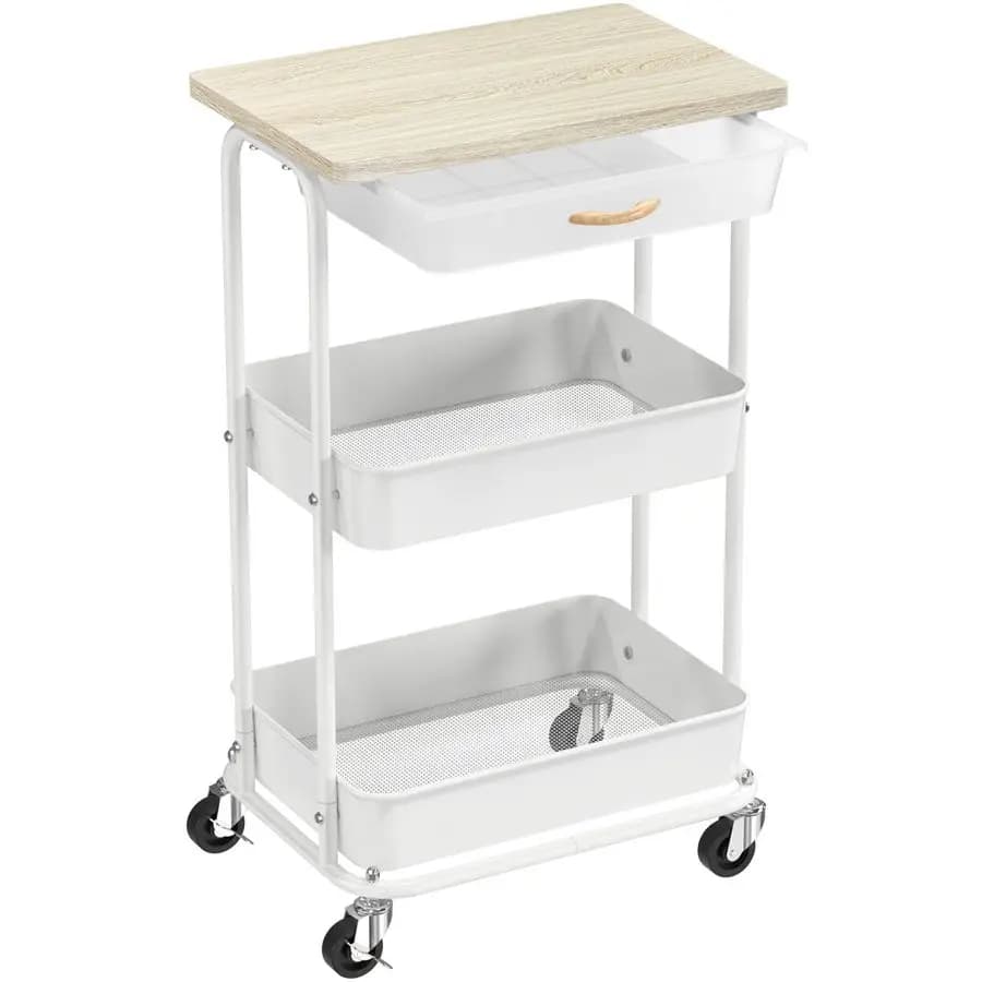 Carrello multiuso a 3 livelli con cassetto e piano in legno, tavolino mobile da divano, comodino, carrello organizer salvaspazio sottile per