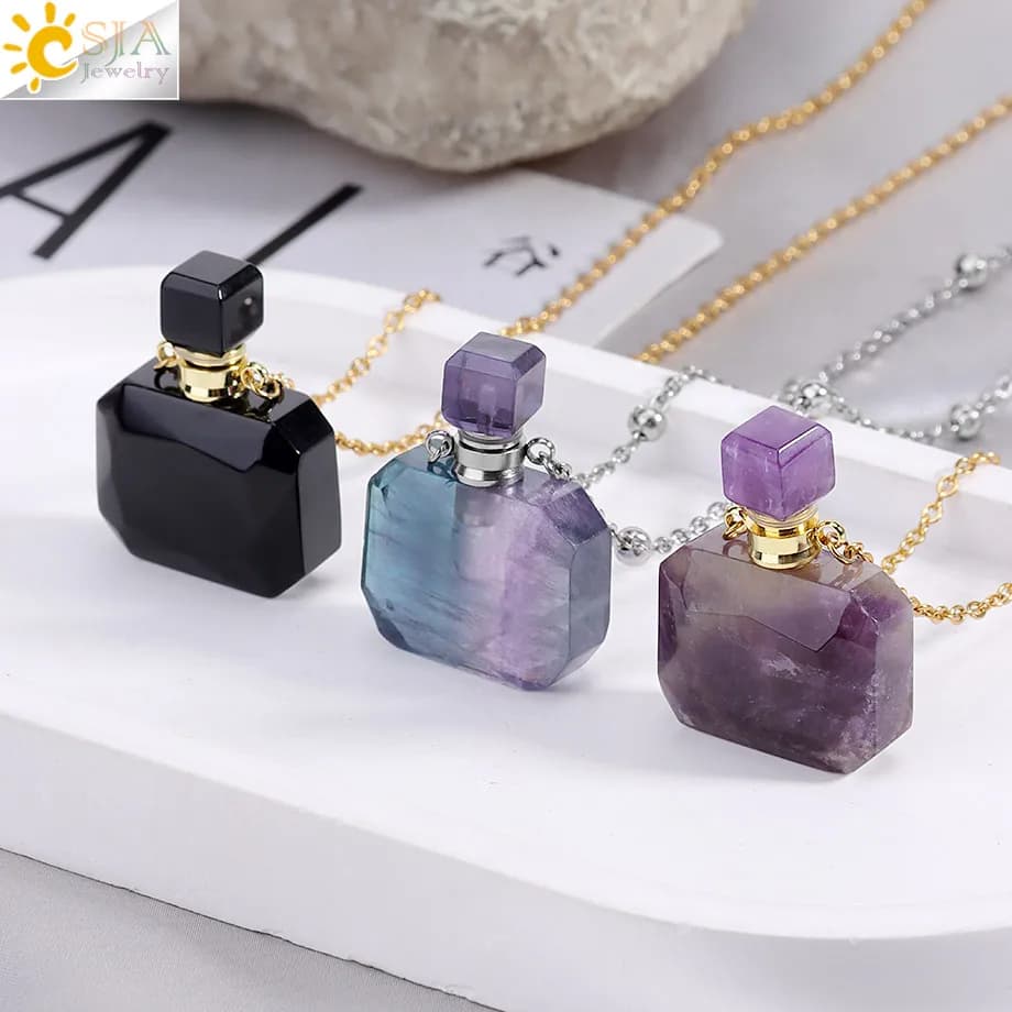 Necklace with perfume bottle pendant for woman Natural Stone Fluorite Crystal Rectangle Stone Amethysts Diffuser of essential oils H649