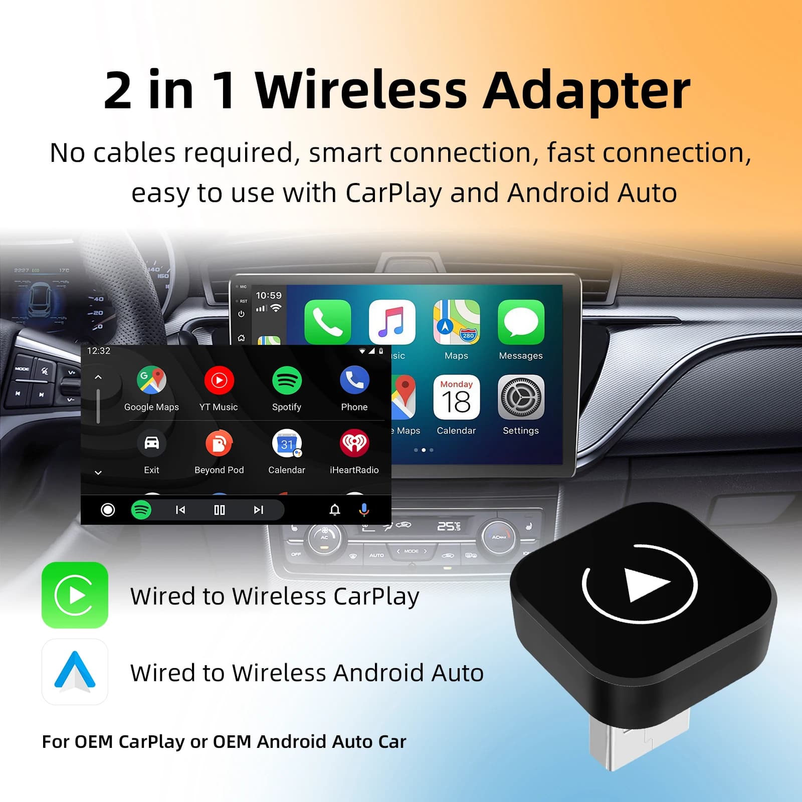 Universal Adapter 2 in 1 Wireless CarPlay Android Auto Smart Mini Box for Wired Cars in Factory, Fast WiFi Plug And Play