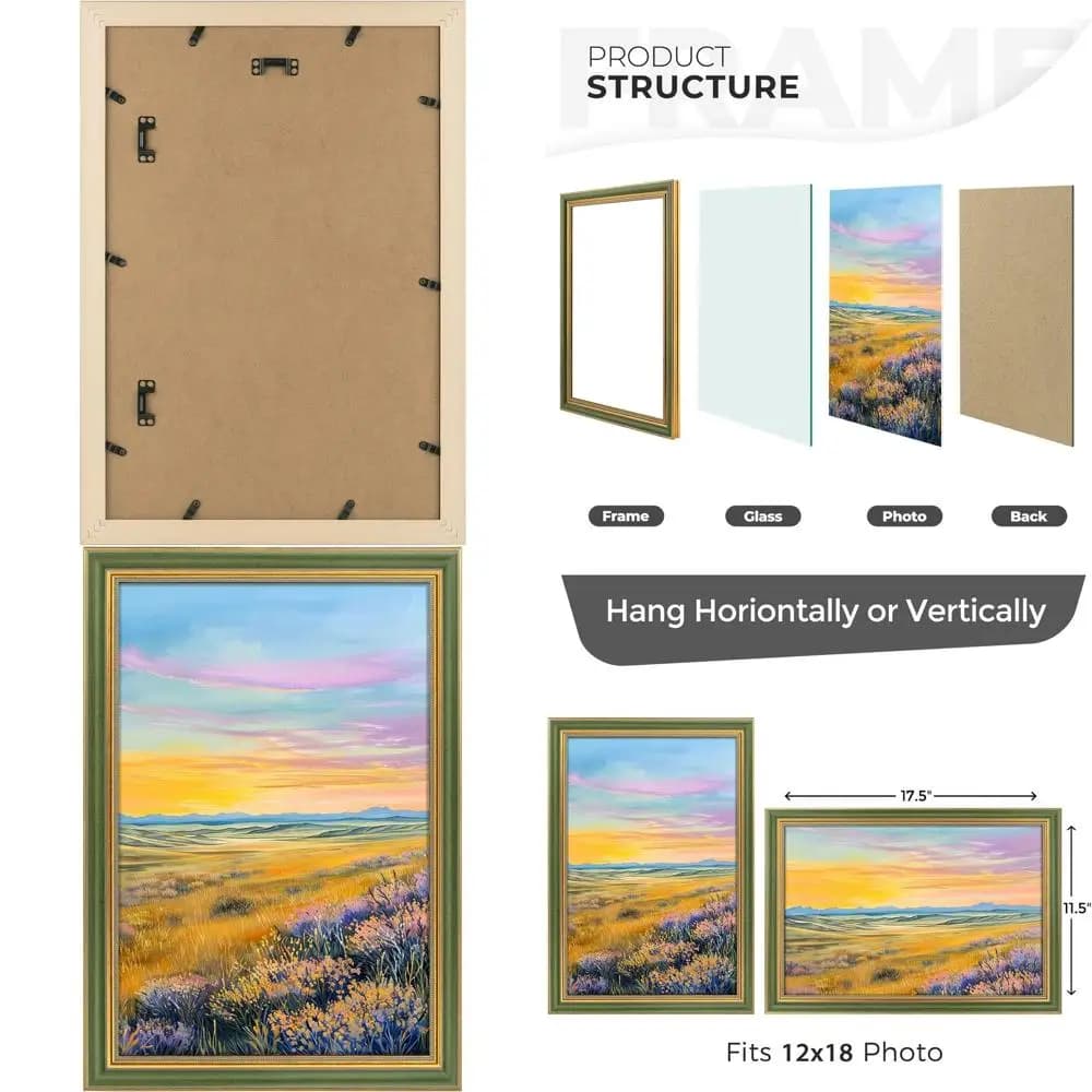 Elegant Green Frame Gold 12x18 Polishes with True Glass for Wall Exhibition