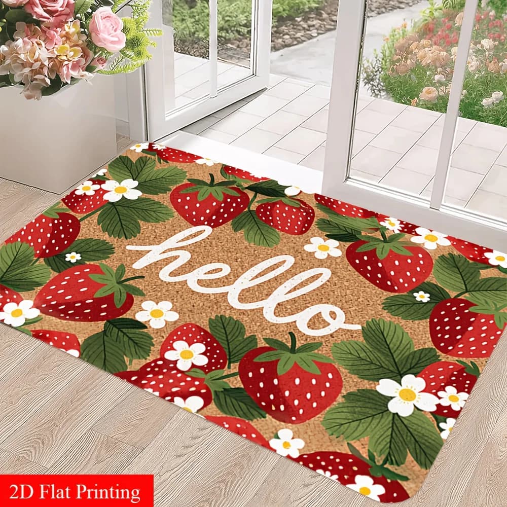 1pc 2D Flat Pattern Strawberry White Flowers And "Hello" Printing Door Mat for Home Decor, for home Decor Carpet, Machine Wash
