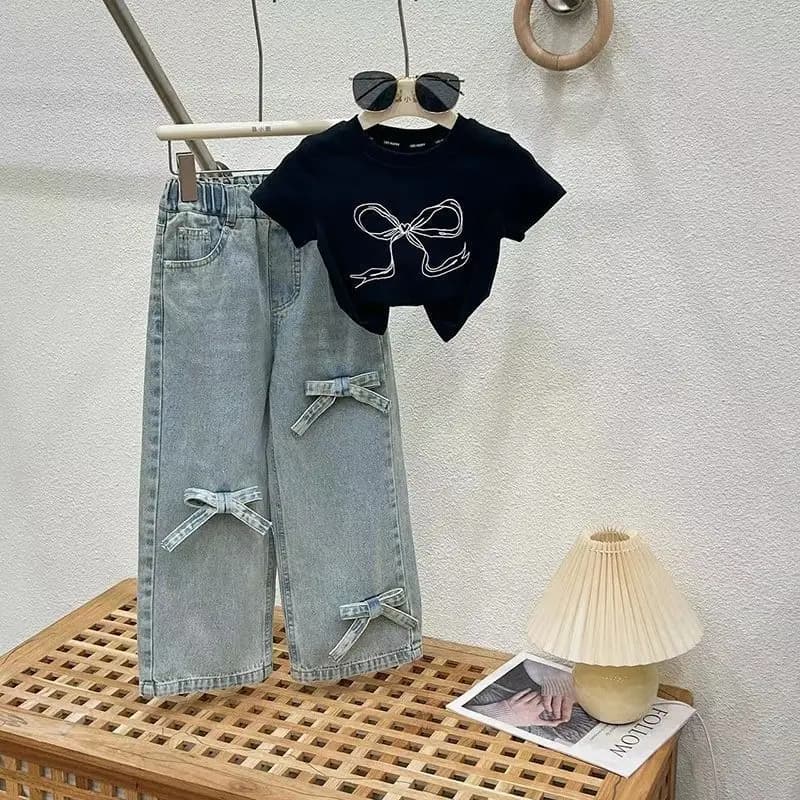 Set Estivo Leggero per Ragazze, Jeans a Gamba Larga e T-shirt, Completo 2 Pezzi per Bambine
