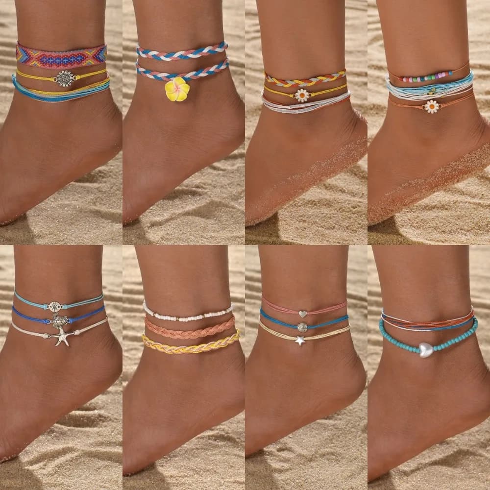 Multi-piece Set Boho Sweet Hand-woven Rope Colored Mini Seed Bead Flower Star Heart Stack Anklets Women's Men Party Jewelry Sets