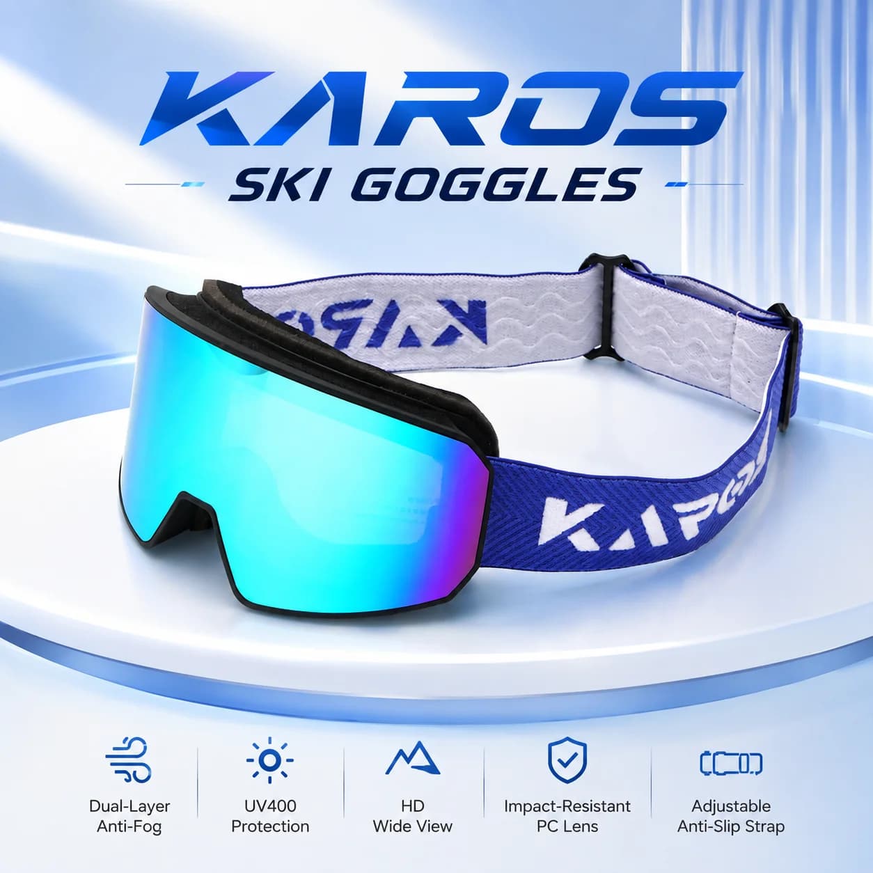 KAROS Ski Goggles Anti Fog UV400 Snowboard Goggles Wide View Impact Resistant PC Lens for Skiing Snowmobile Winter Sports KH008