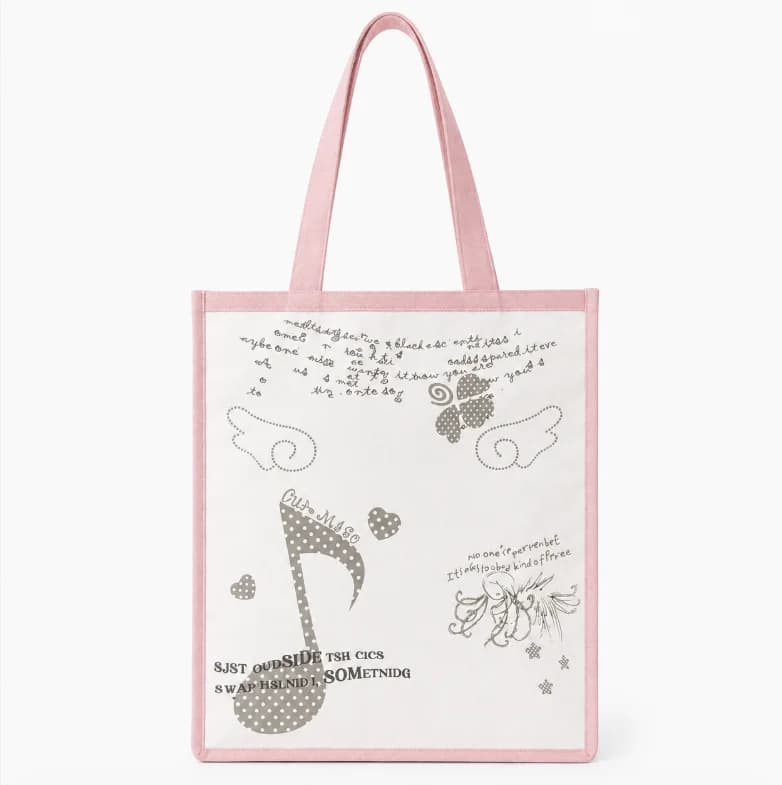 Musical Note Print Canvas Tote Bag Sweet Pink Edge Large Capacity Casual Shoulder Shopping Reusable Handbag For Women Daily