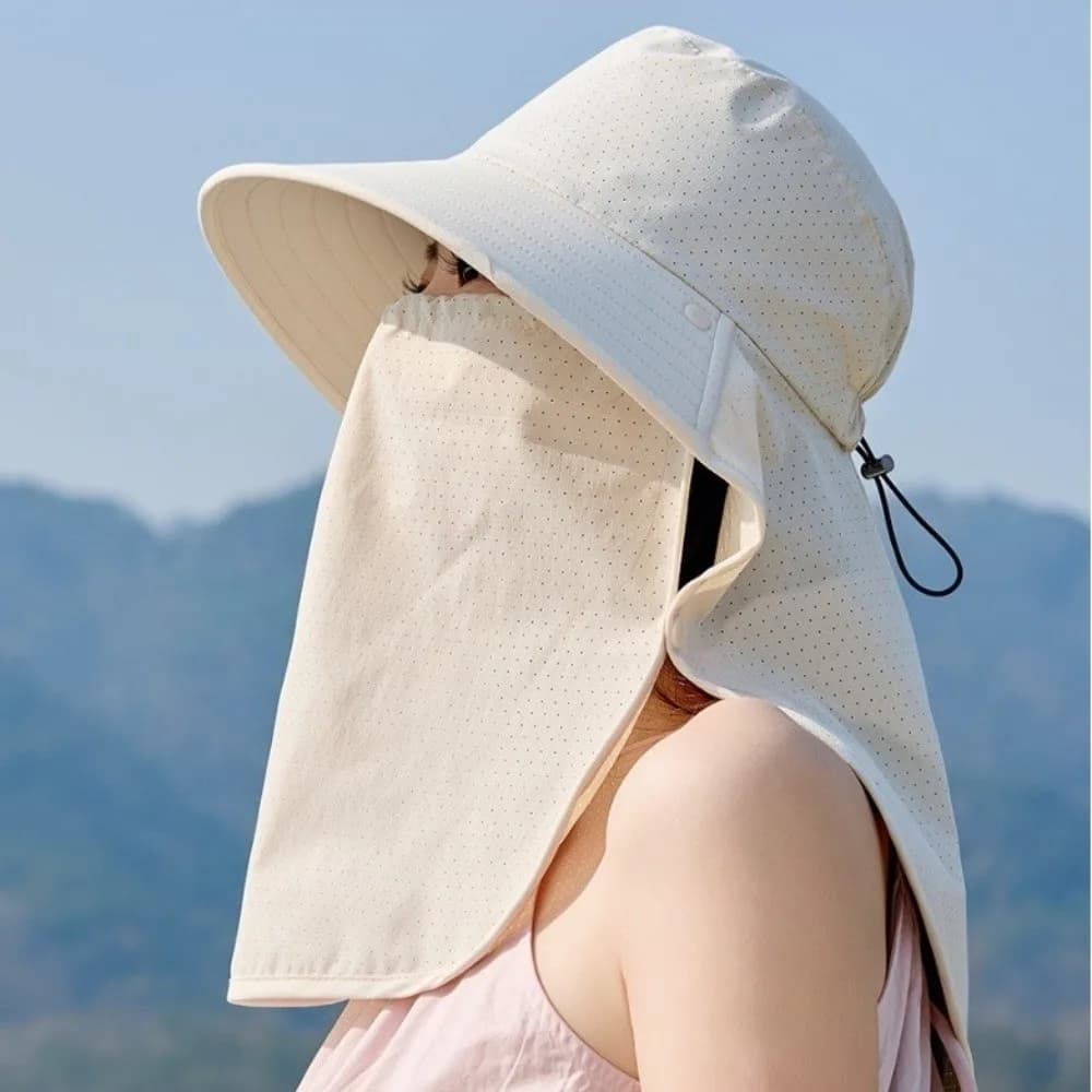 Fisherman Hat Wide-Brimmed Shawl Mask Hat Adjustable Solid Color Picking Tea Hat Polyester Thin Neck Protection Cap Women