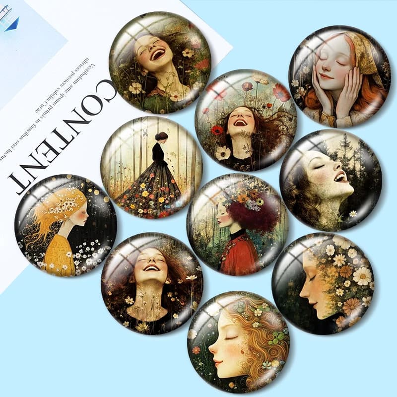 Cabochon in vetro da 12/18/20/25mm con motivo floreale surreale femminile, per la creazione di bracciali, ciondoli, anelli, orecchini e componenti per gioielli