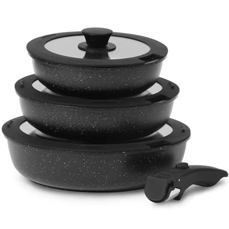 Set di Padelle Antiaderenti in Ceramica con Coperchi e Manico Staccabile, Padelle da Cucina Non Tossiche per Uova e Omelette, Compatibili