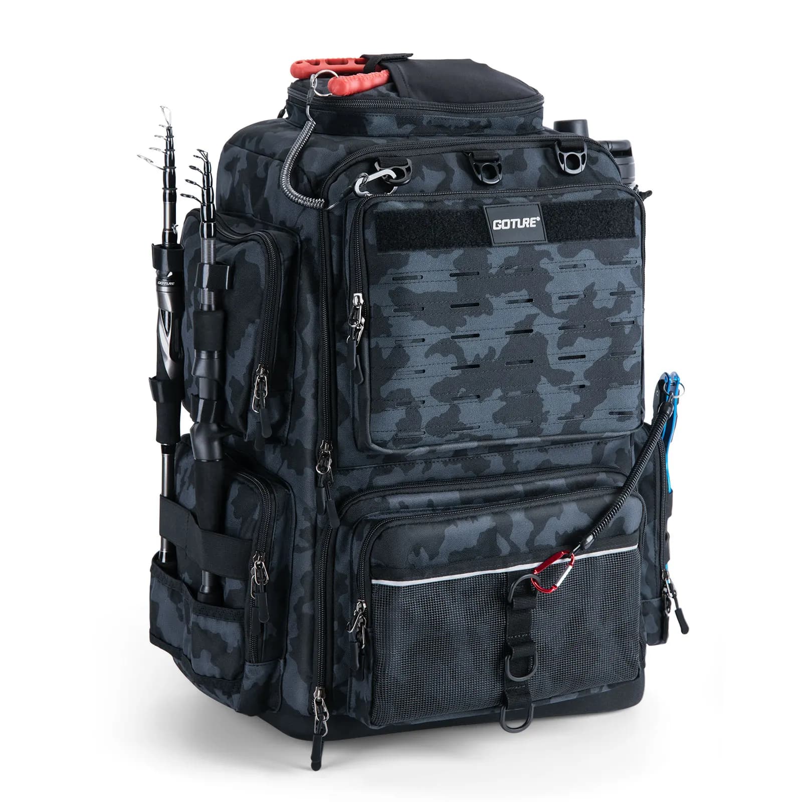 Goture 55*36*28 cm Zaino da pesca multifunzionale Borsa per attrezzatura con supporti per aste Borsa per attrezzature per pesci Borsa per sport all'aria aperta da campeggio