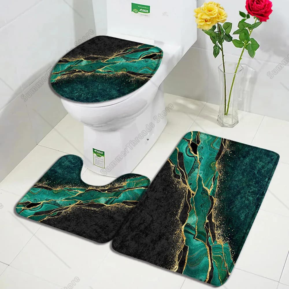 Set tappetino da bagno in marmo verde smeraldo Linea oro Modello strutturato nero Decorazione moderna geometrica per il bagno Tappeto antiscivolo Copri coperchio per WC