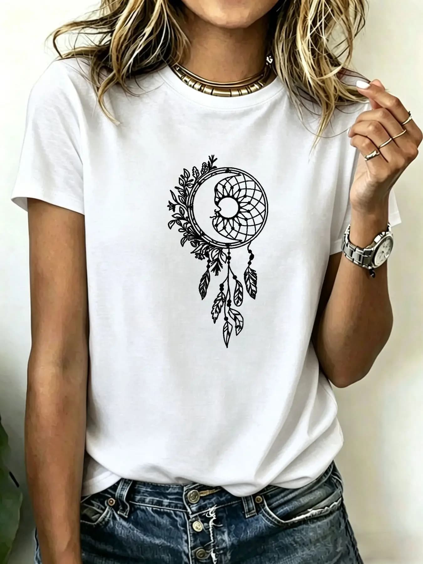 180-gram pure cotton Plus-size women's T-shirt with dreamcatcher graphic print, comfortable, breathable, sweat-absorbing, sty
