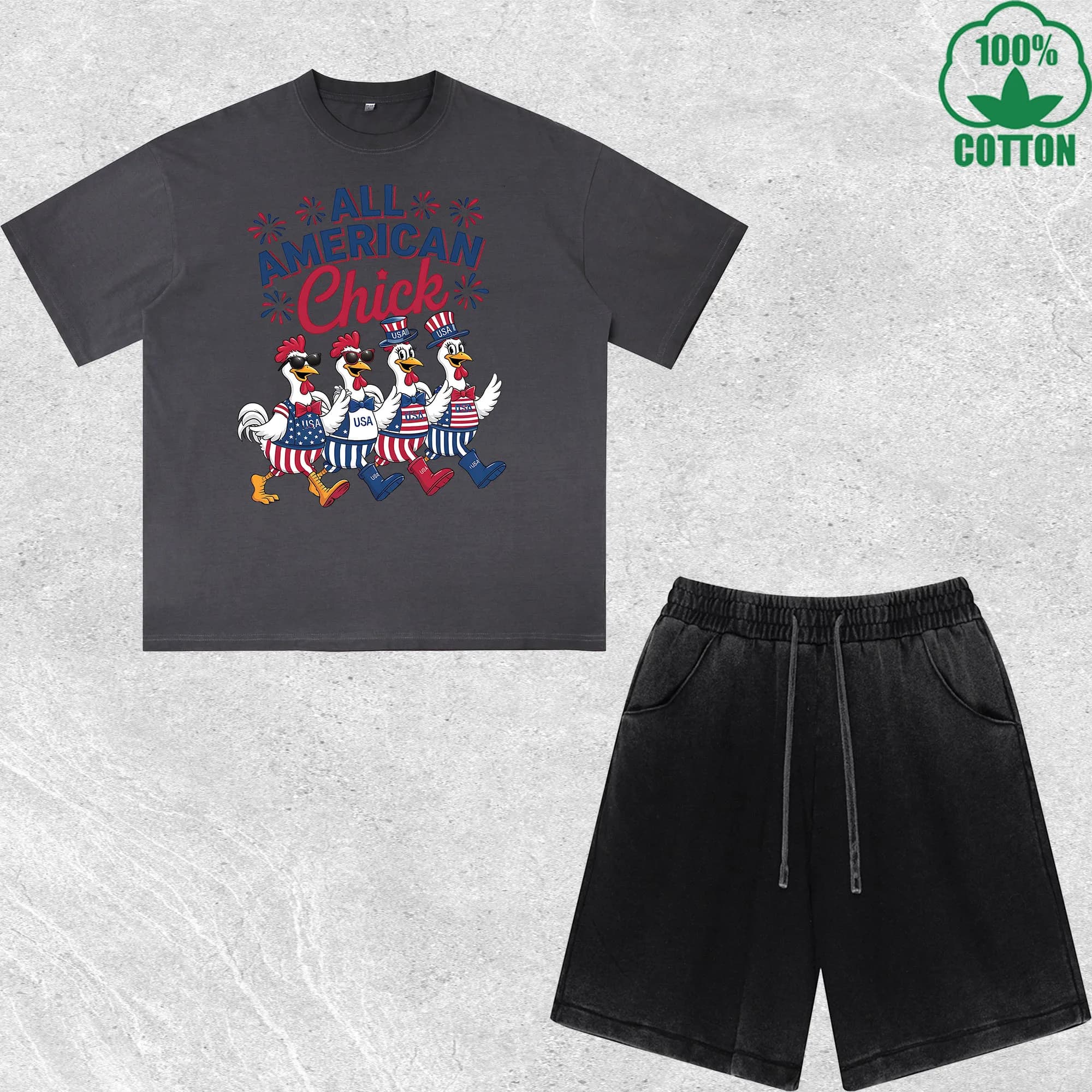 Set T-Shirt e Pantaloncini con Stampa 'Independence Day Chick' Effetto Lavato, Multicolore, Stile Trendy e Comodo, 100% Cotone