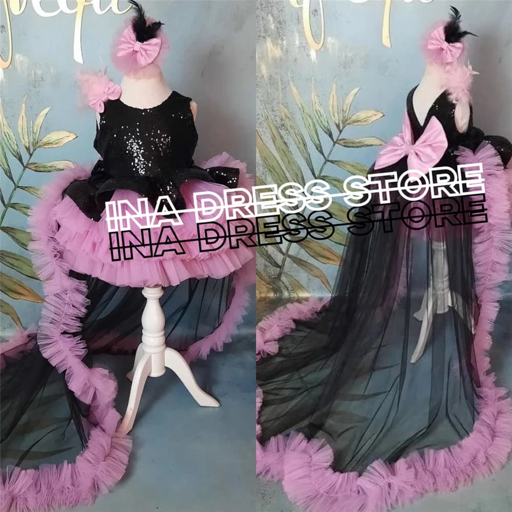 Abito da ragazza di fiore color lavanda di lusso, tulle asimmetrico soffice con strascico per abiti da ballo di compleanno, ballo di nozze