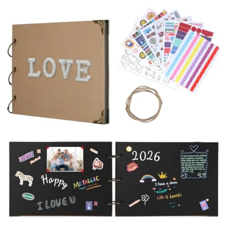 Vintage Style DIY Photo Album, Kraft Paper Cover with Metal Rings, 29x21cm Scrapbook with 30 Black Pages, Removable Sheets for