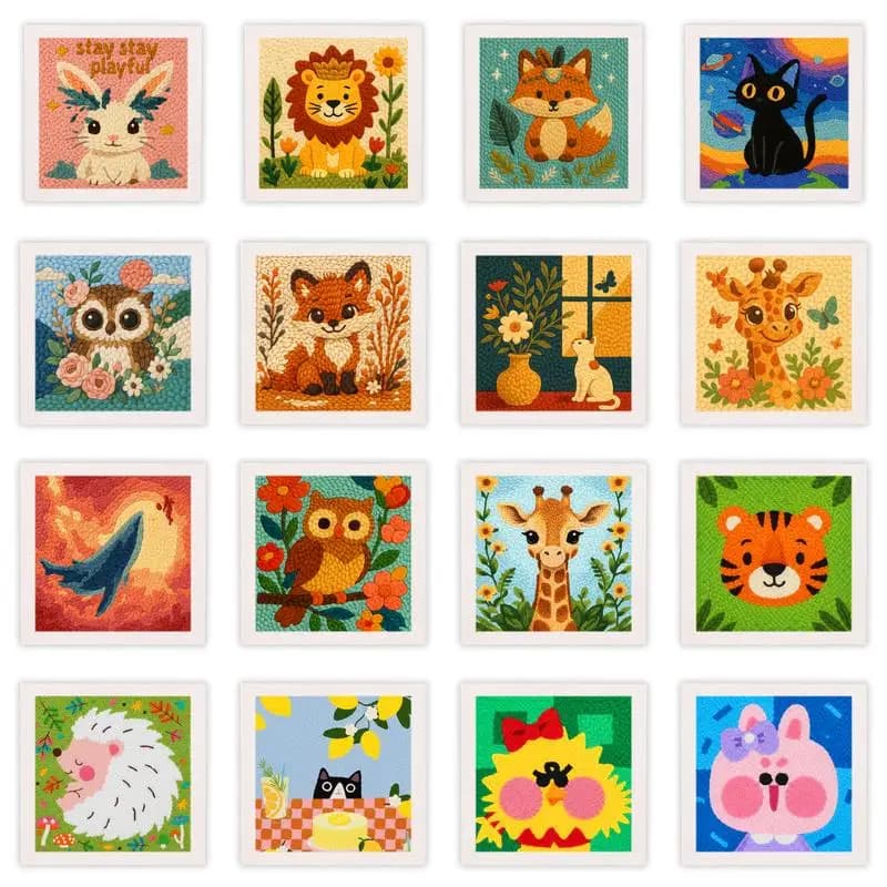 Punch Needle Frame Home Wall Art Decor Hobby Kits Cartoon Animal 25x25cm/9.84x9.84inch Punch Needle Starter Kit Home Wall Decor