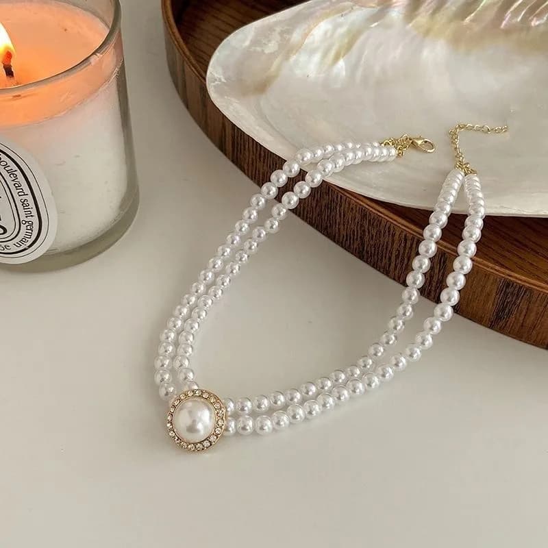 Fashion Luxury Vintage Imitation Pearl Necklace Earring Ring For Women Round Pendant Beads Chain Clavicola Gift