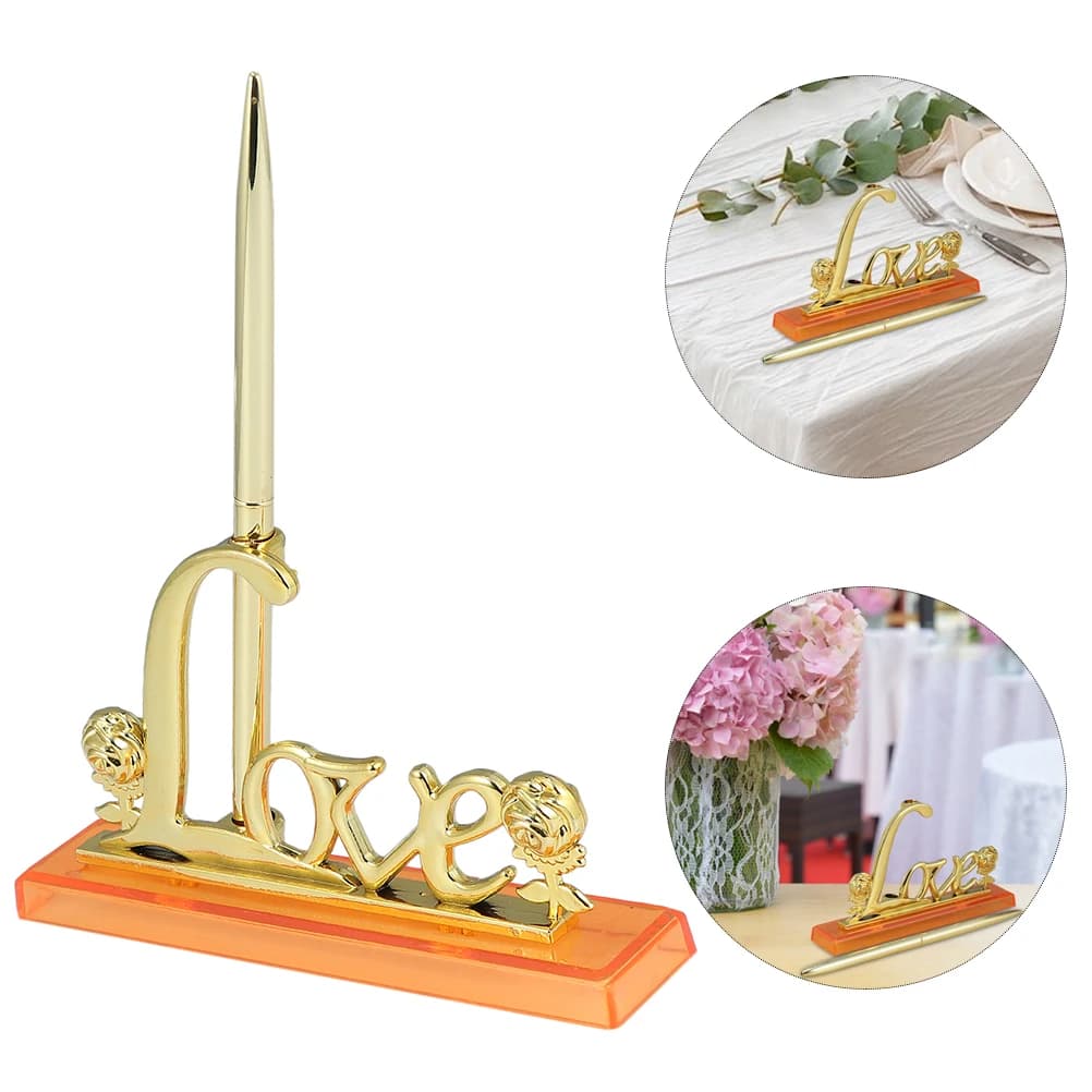 1 set di penne per matrimonio per libro degli ospiti, supporto base dorato per amore, set di penne per firma per decorazioni per scrivania di ricevimento di fidanzamento nuziale
