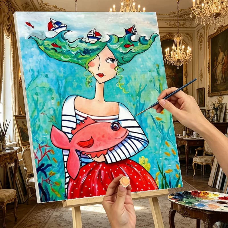 DIY Oil Painting By Numberst Colorful Fish and Girl Acrylic Paint By Numbers Diy Numbers Painting Art on Canvas By Numbers