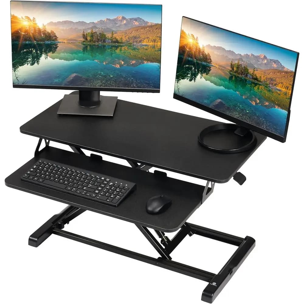 Standing Desk Converter - 32 Inch Adjustable Sit to Stand Up Workstation, Pale Board, Dual Monitor Desktop Riser with Keyboard T