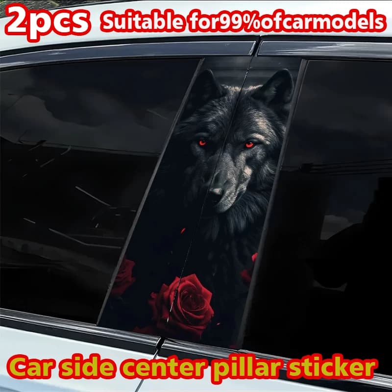 2 car B mount stickers, Black Wolf and Red Roses, custom scratch resistant adhesives