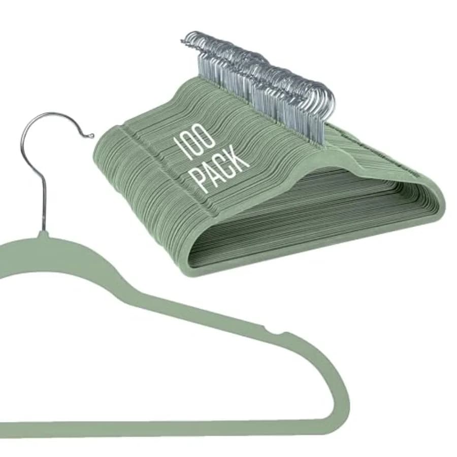 Appendiabiti Sottili in Velluto, Confezione da 100, Antiscivolo per Camicie, Abiti, Pantaloni, Vestiti, Organizzazione Armadio, Durevoli, Verde Salvia